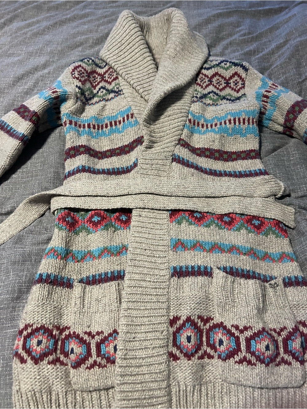 TNA Cream Shawl Collar Fair Isle Knit Cardigan with Blue & Burgundy Accents